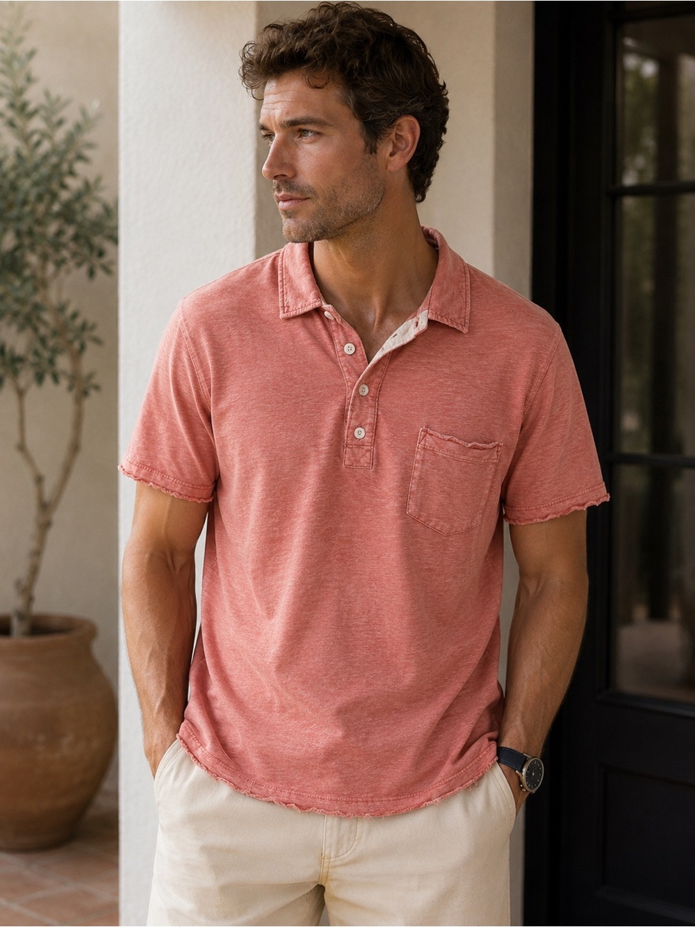 Billy Reid Heather Coral Short-Sleeve Polo
